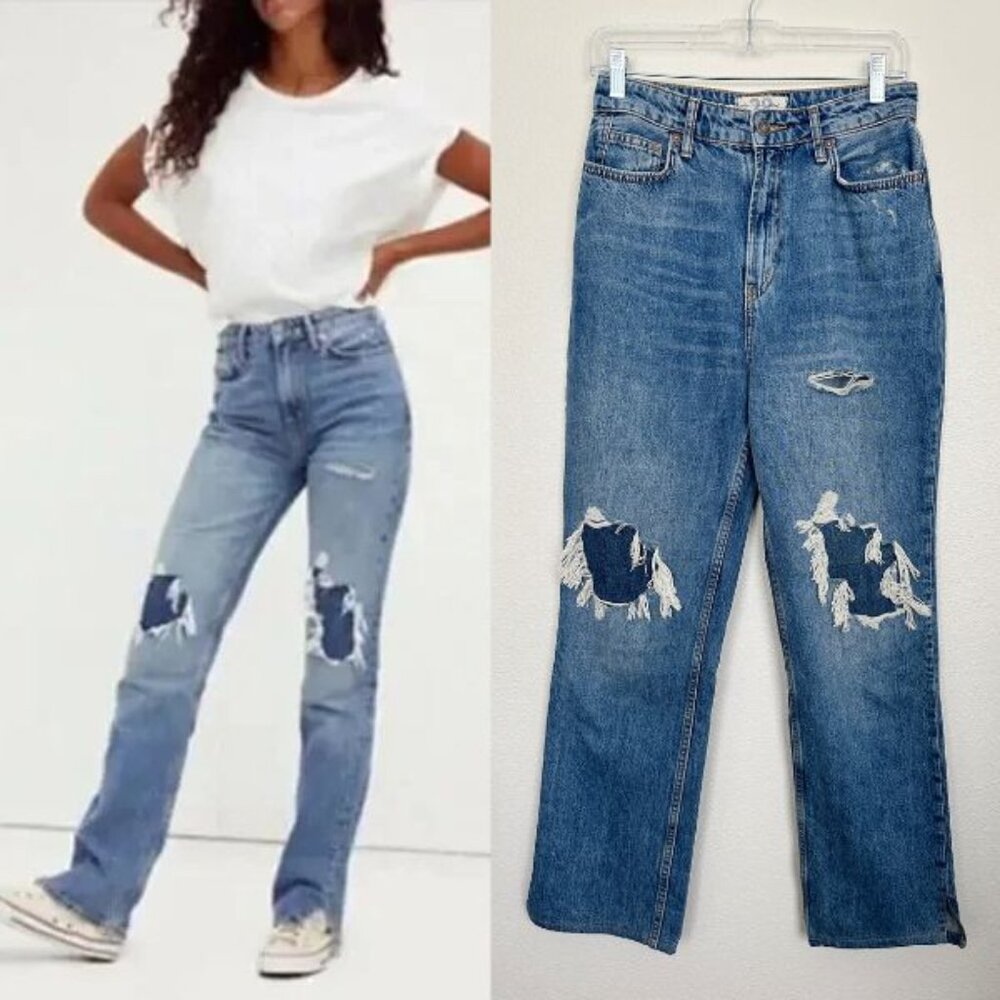 Free People Women's My Own Lane High Rise Jean Distressed Medium Wash Blue Sz 28